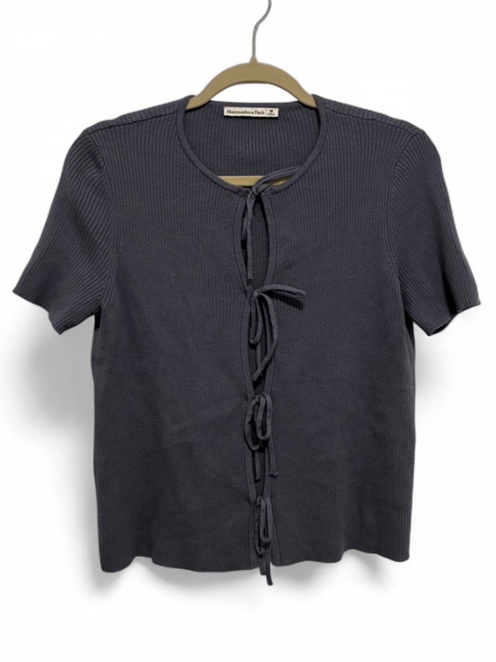 Abercrombie and Fitch Dusty Blue Ribbed Tie-Front Short Sleeve Top